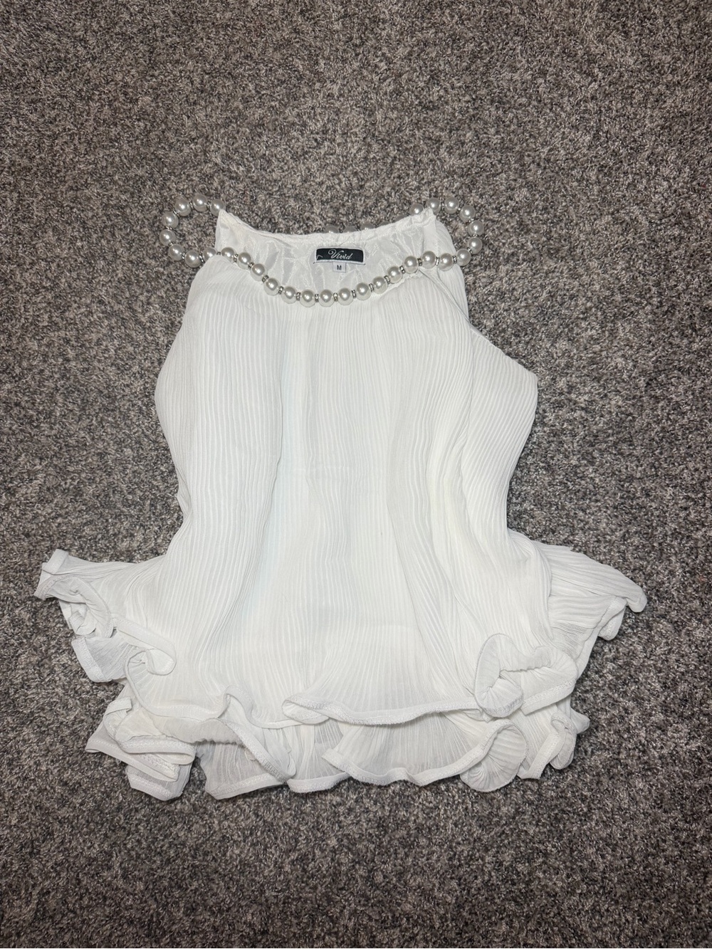 Floral White Pearl-Trim Ruffled Halter Camisole